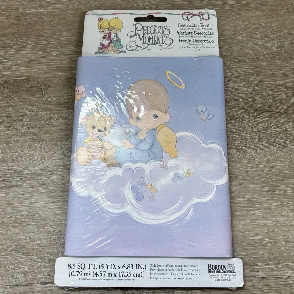 Vintage 1995 Precious Moments Wallpaper Border Angel Teddy Bear Blue 5 YD
